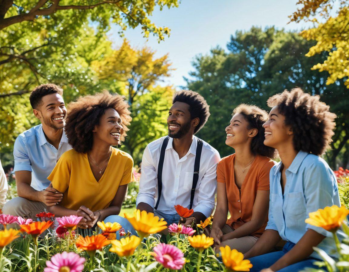 A joyful scene depicting diverse individuals smiling and interacting harmoniously in a vibrant park setting, surrounded by colorful flowers and sunny skies. Include visual representations of emotion analytics, like graphs and charts, subtly blended into the natural environment, symbolizing the measurement of happiness. The atmosphere should exude positivity and energy, showcasing various activities that inspire cheerfulness, such as laughter and play. super-realistic. vibrant colors. warm tones.