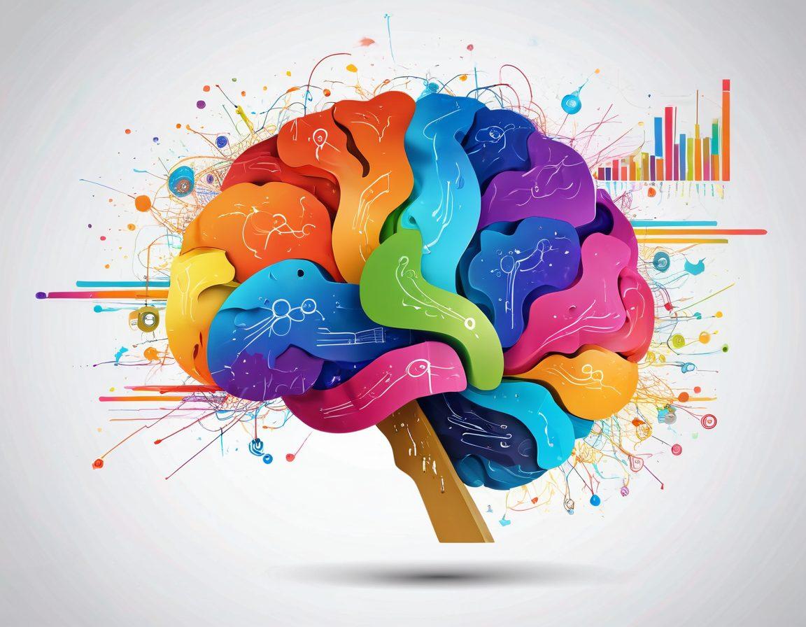 A captivating visual representation blending joy and data analytics, featuring a colorful abstract brain made of swirling emotions like happiness and excitement, intertwined with graphs and analytics symbols emerging from it. Include elements like glowing numbers, pie charts, and cheerful faces alongside data streams flowing into a vibrant landscape of insights. super-realistic. vibrant colors. white background.