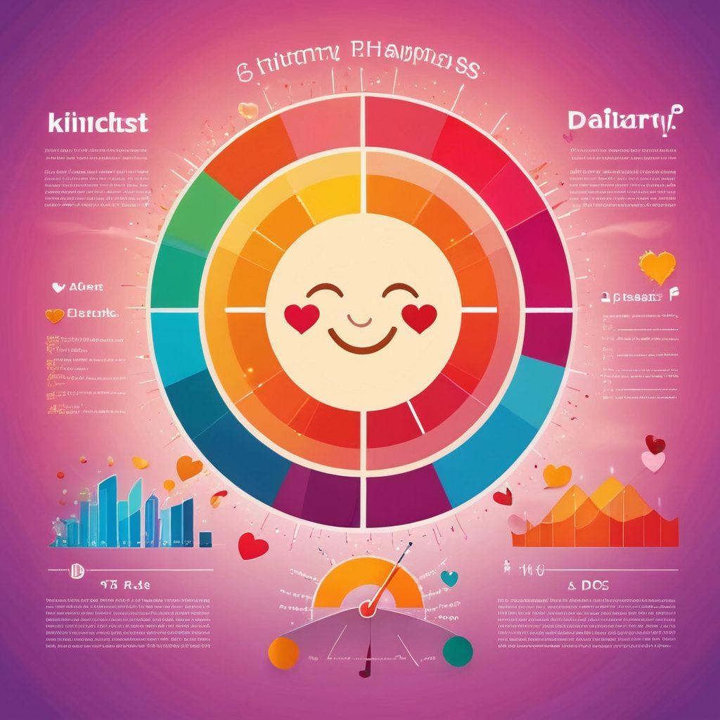 A vibrant, colorful infographic showcasing a blend of happiness metrics represented by various data visualizations such as bar charts, pie charts, and scatter plots. Include symbols of joy like smiling faces, hearts, and sun rays interspersed among the data. The background should feature a serene landscape symbolizing peace and happiness. The overall design should be modern and inviting. vector art. vibrant colors.